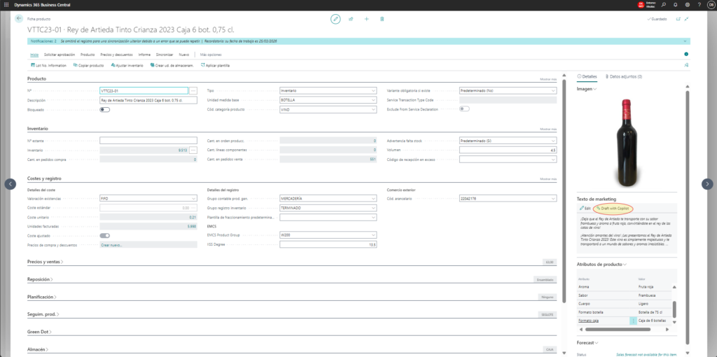 Creación automática de descripciones de producto con Copilot para Dynamics 365 Business Central - VinoTEC